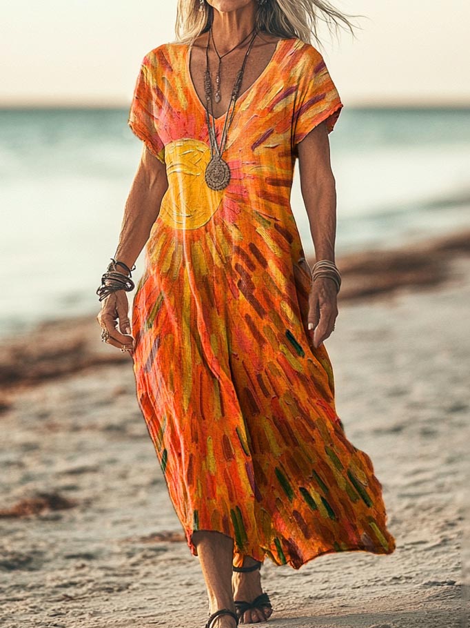 Women's Colorful Sun Print Pocket Cotton Dress