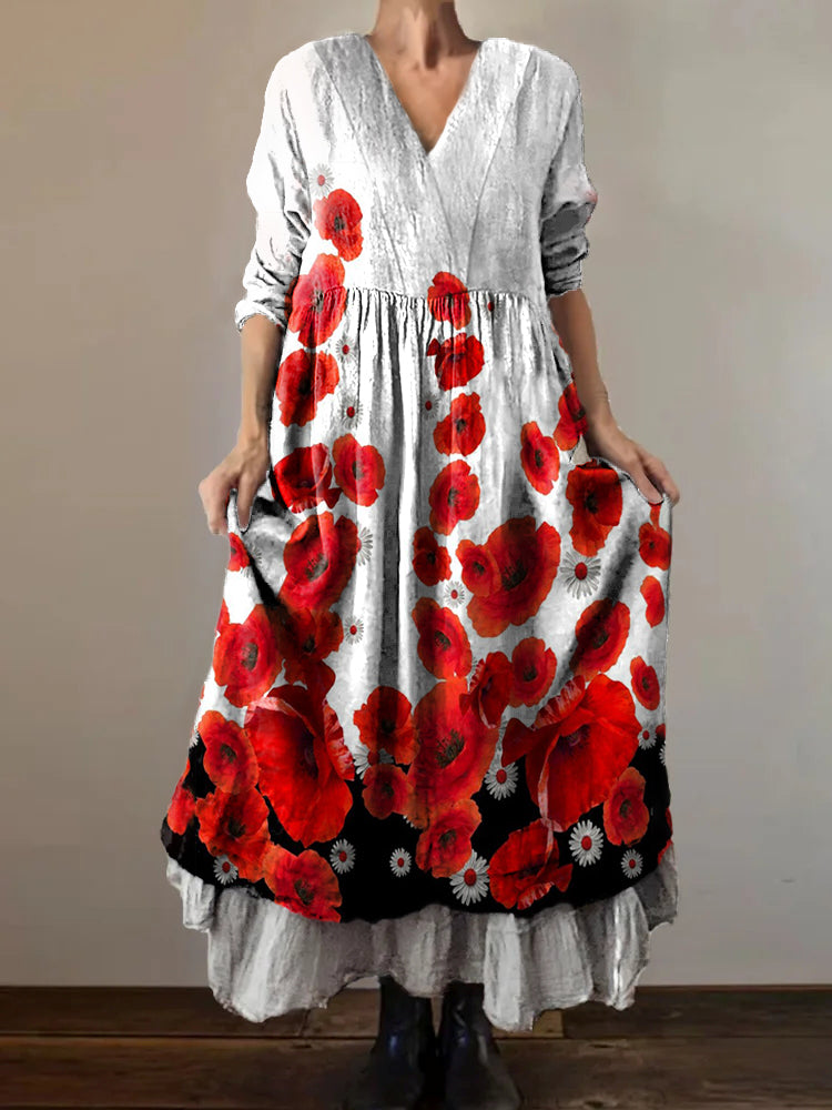 Women's Poppy Flowers Print V-Neck Pocket Cotton Dress