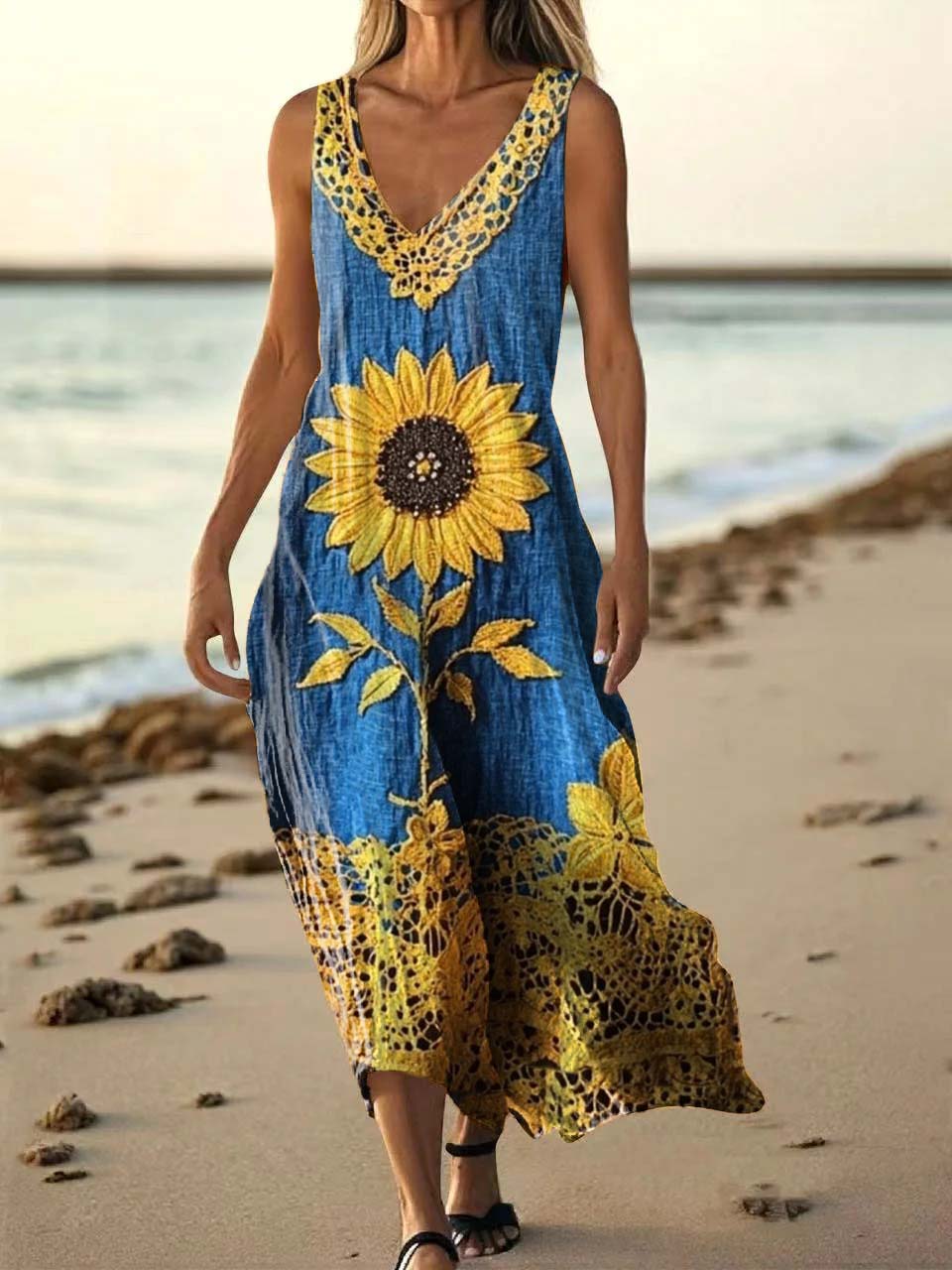 Women's Floral Art Print Pocket Cotton Dresses