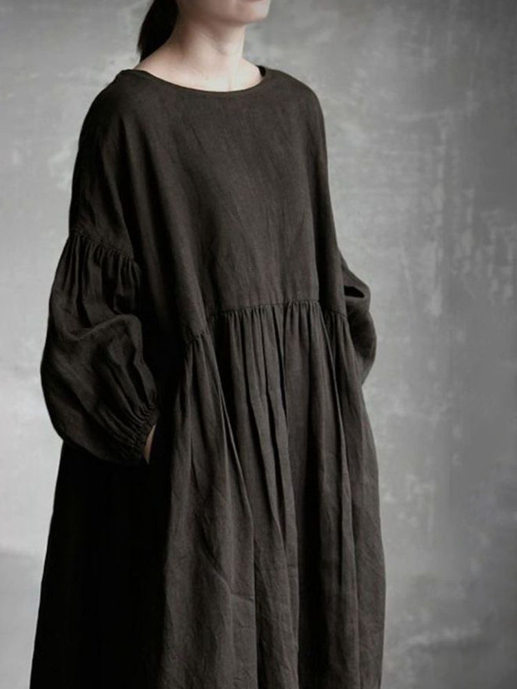 Comstylish Black Linen Pleated Loose Maxi Dress