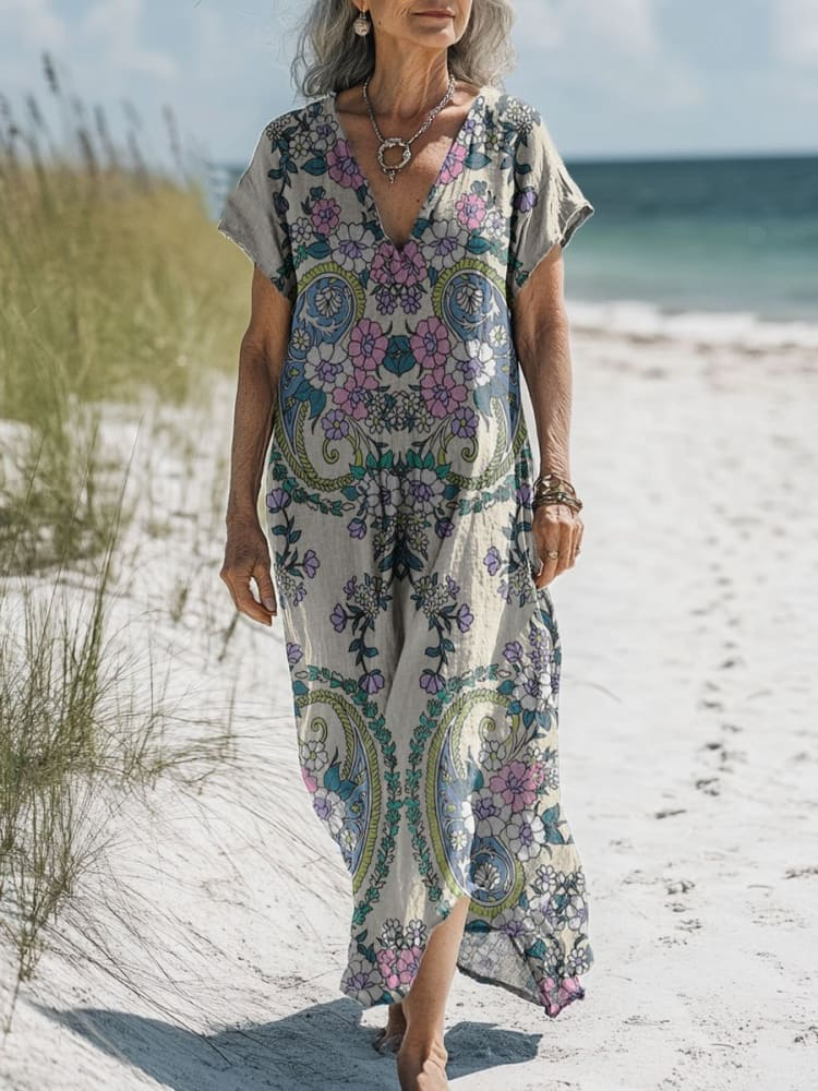 Women's Vintage Artistic Floral Pattern Print Pocket Cotton Dress