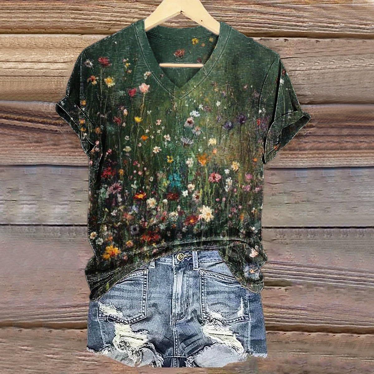 Women's Vintage Floral Art Print V-neck Casual T-Shirt