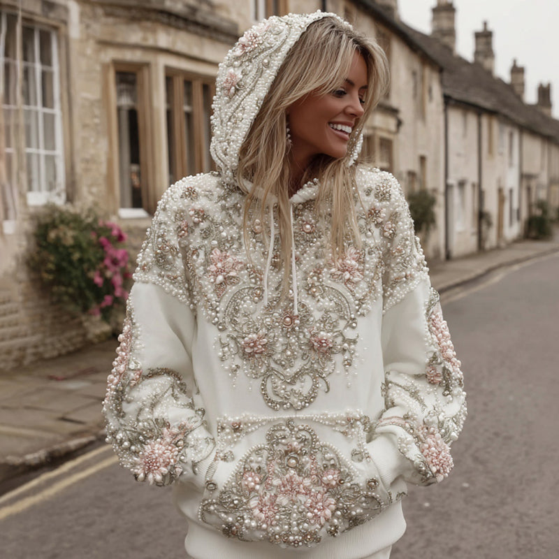 Comstylish Women's Vintage Pink Flower Embroidery Art Long Sleeve Casual Hoodie