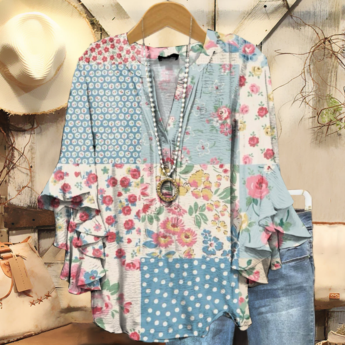 Women's Vintage Floral Patchwork Art Print Casual Cotton And Linen Shi