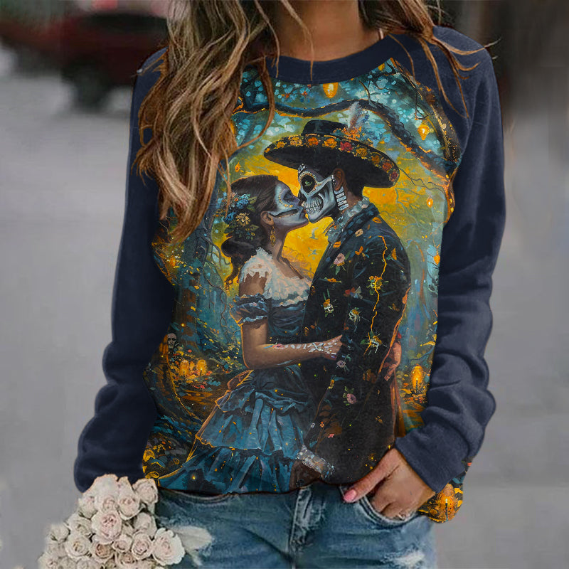 Comstylish Mexican Day Of The Dead Starry Sky Skull Print Crew Neck Sweatshirt