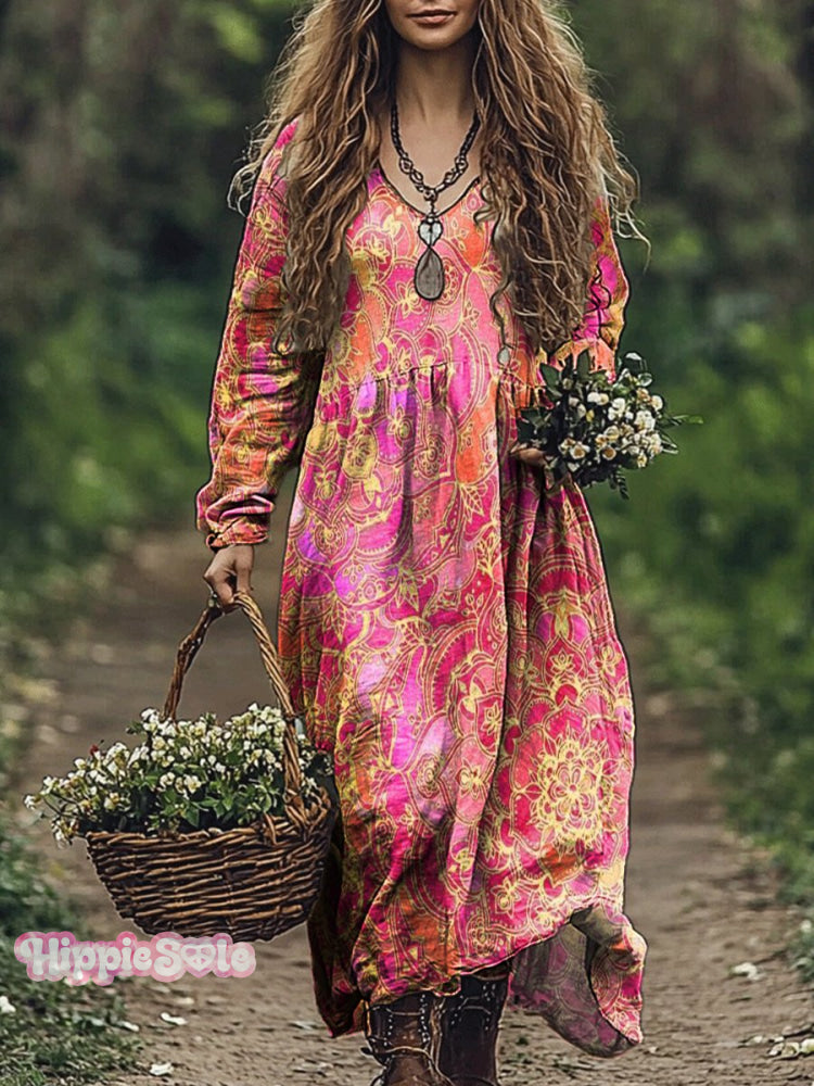 Women's Folk Floral Art Print V Neck Pocket Cotton Dress