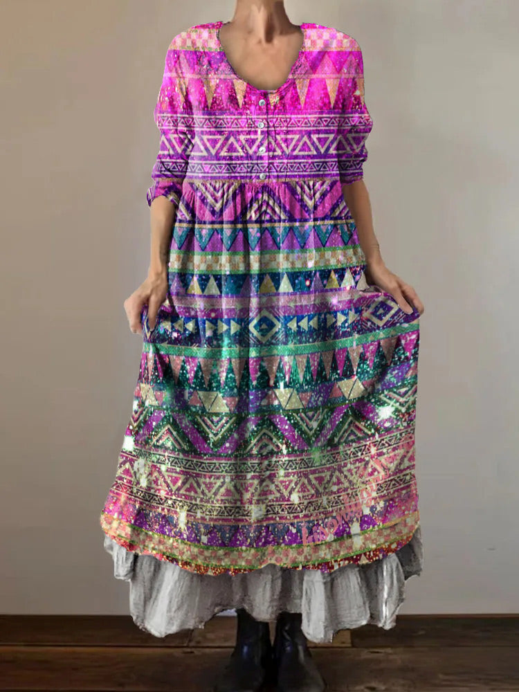 Women's Art Painting Hippie Vintage Print V-Neck Dress