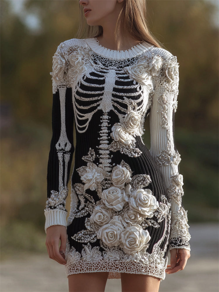 Comstylish Classy Skeleton White Roses Contrast Knit Sweater Dress
