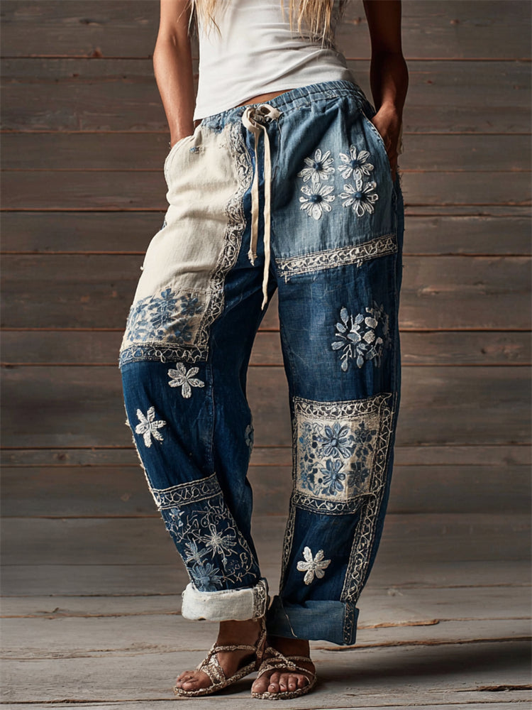 Comstylish Boho Floral Embroidered Colorblock Patchwork Casual Linen Pants