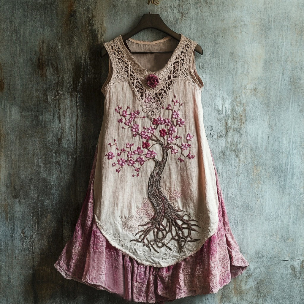 Comstylish Women's Cherry Blossom Embroidery Art Linen Tank Dress