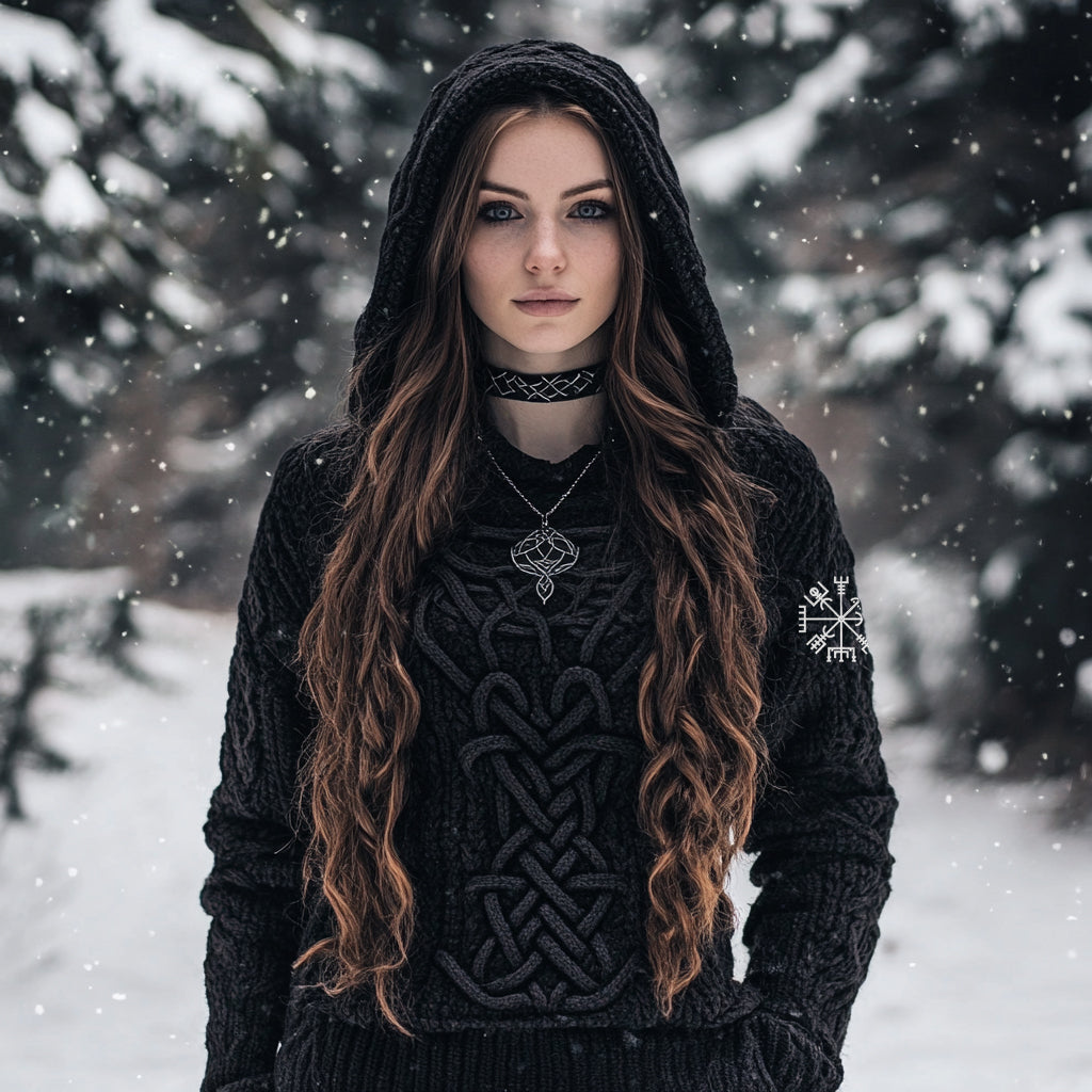 Women's Viking Style Knitted Jacquard Hooded Sweater artswardrobe