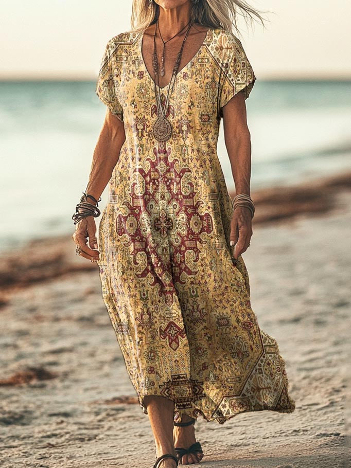 Women's Retro Ethnic Totem Pattern Print Pocket Cotton Dress