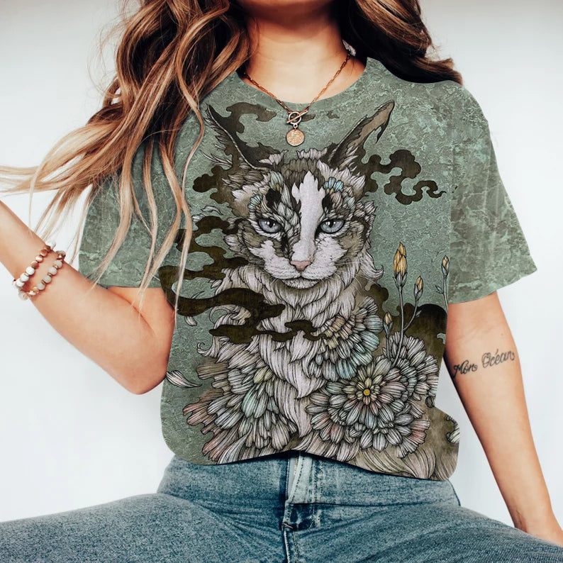 Comstylish Vintage Japanese Art Cat Print Round Neck Casual T-Shirt