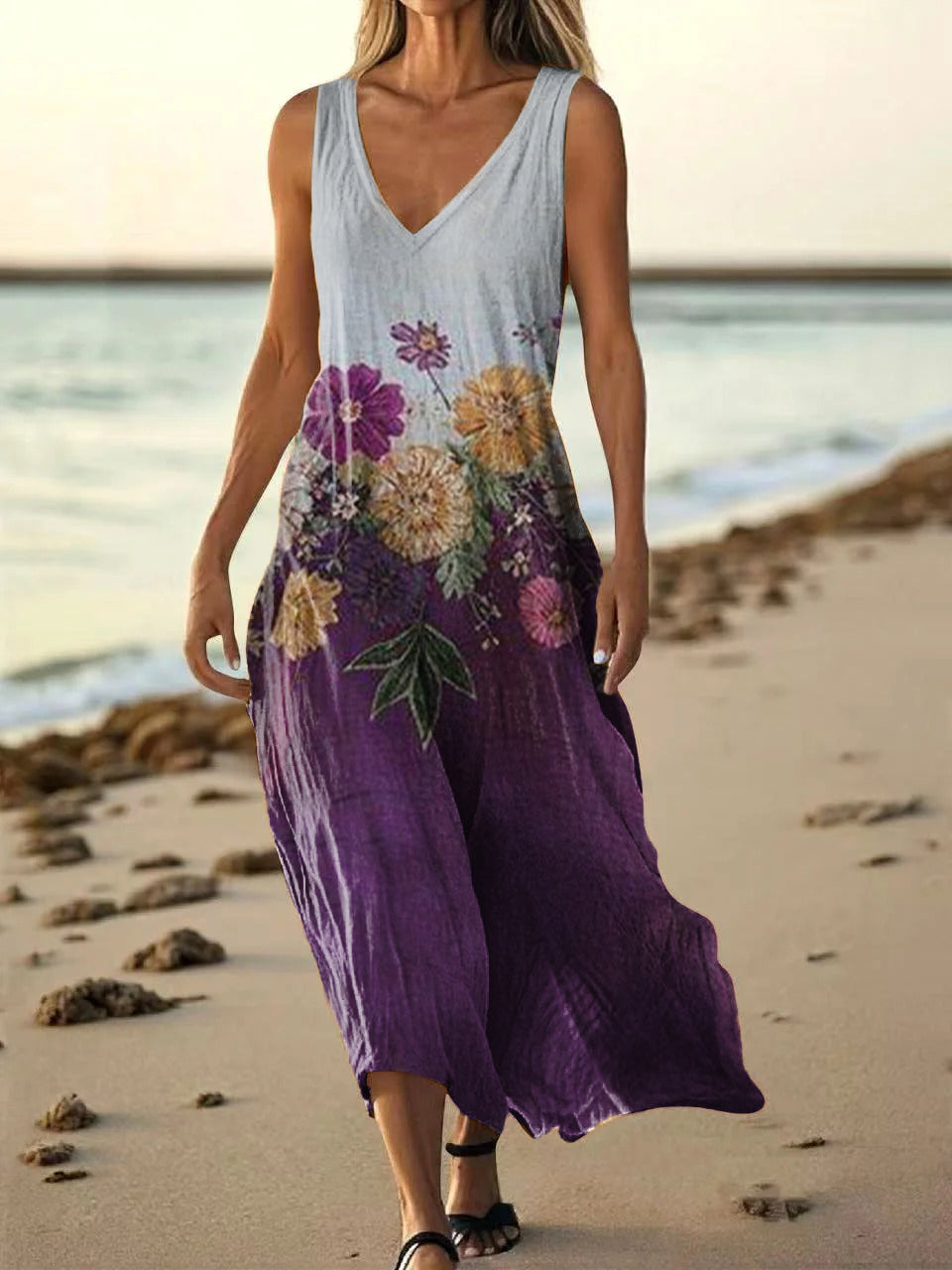 Women's Bohemian Floral Art Print Pocket Cotton Dress