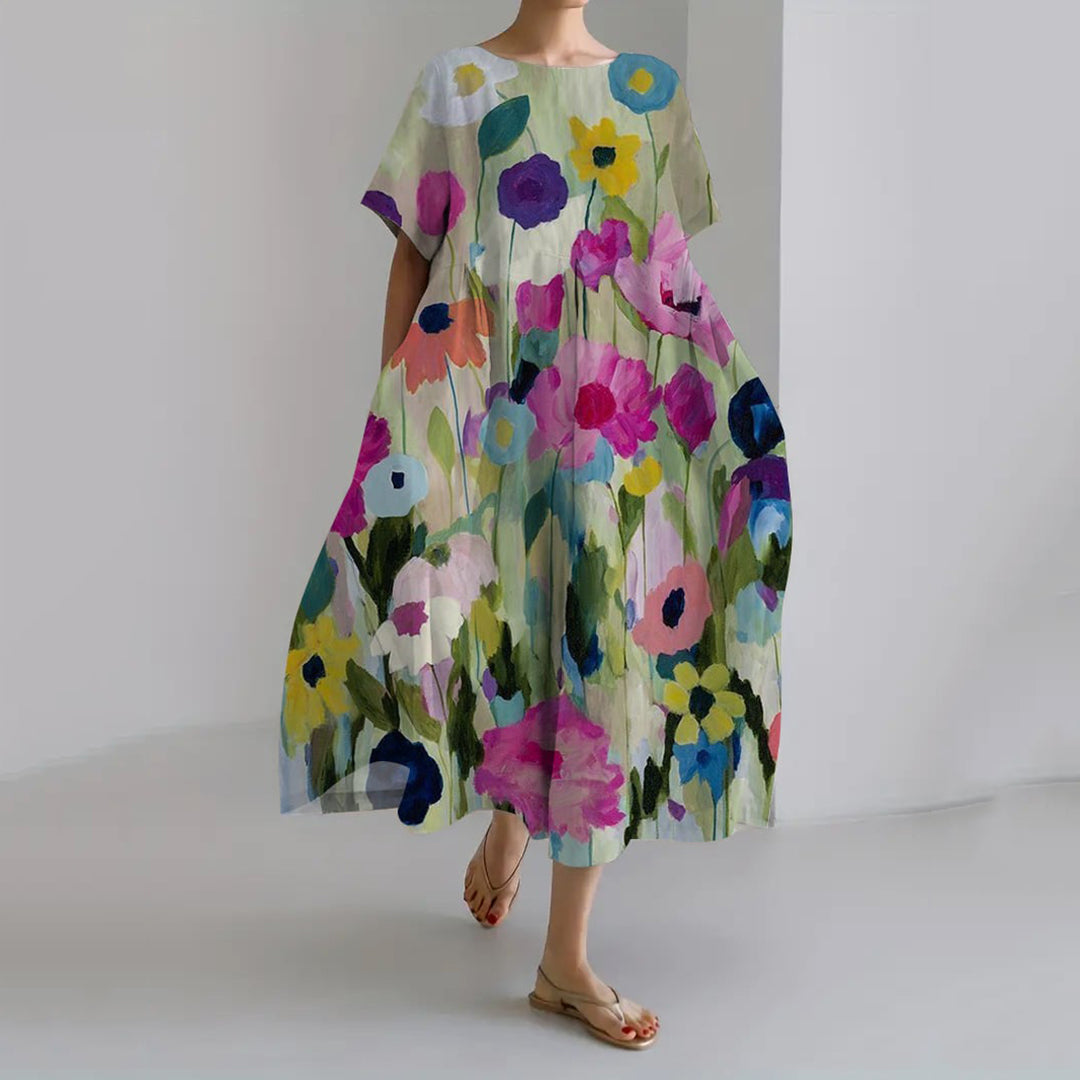 Comstylish Women's Retro Botanical Floral Design Printed Casual Loose Dress