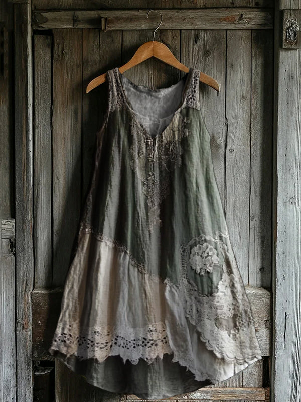 Women's Lace Embellished Patterned Art Print V-Neck Pocket Cotton Dres