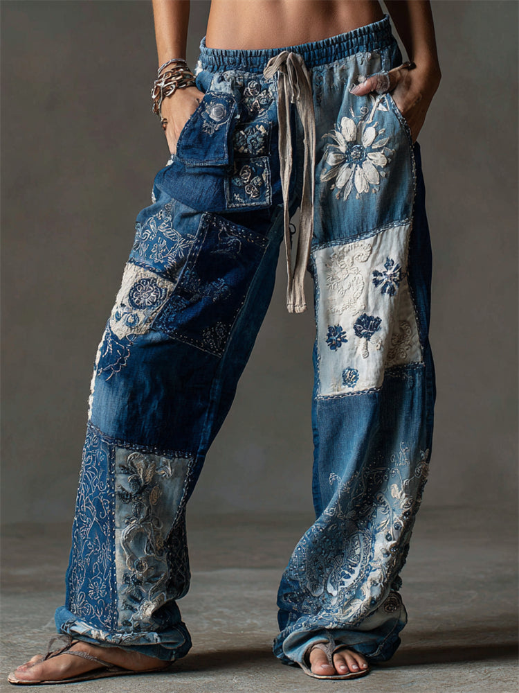 Comstylish Vintage Floral Fiber Art Patchwork Flowy Casual Pants