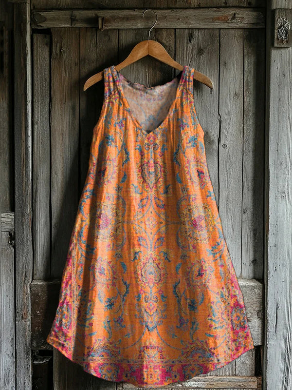 Women's Retro Ethnic Totem Pattern Print V-neck Pocket Cotton Dress