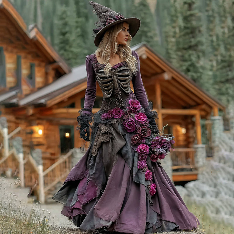 Comstylish Vintage Skull Black Rose Pattern Patchwork Maxi Dress