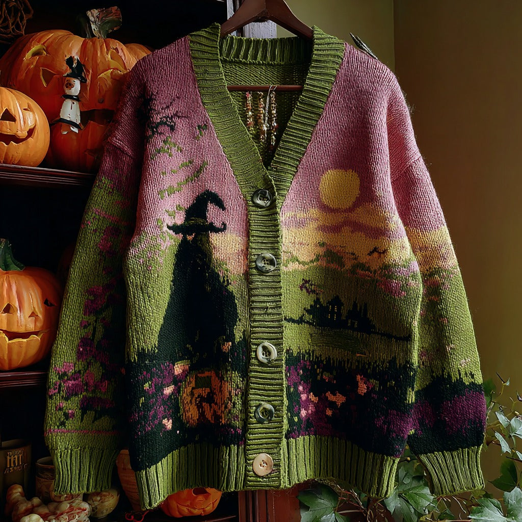 Halloween Witch Pattern Knitted Warm Sweater Cardigan artswardrobe