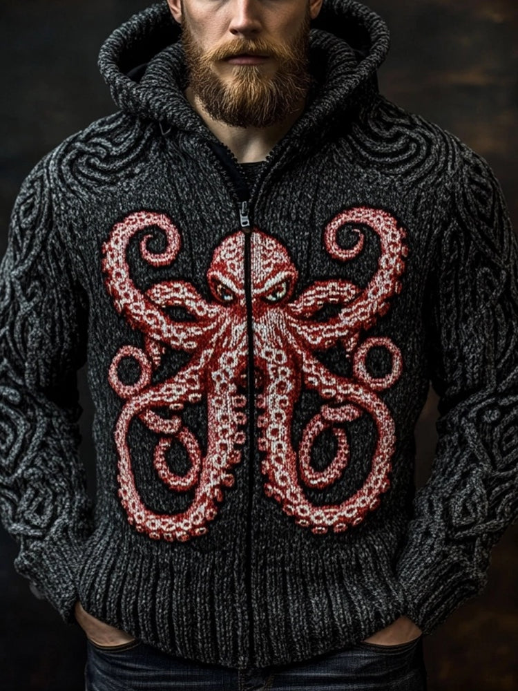 Men's Octopus Embroidered Cozy Chunky Hooded Cardigan artswardrobe
