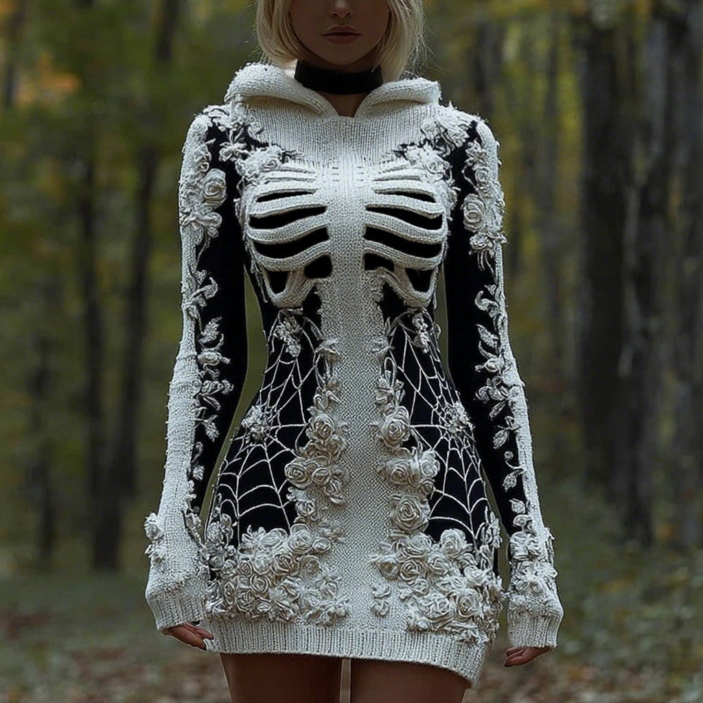 Comstylish Halloween Skeleton Rose With Spiderweb Art Cozy Knit Hooded Sweater Dress