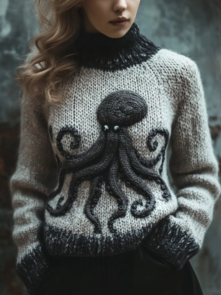 Women's Vintage Octopus Pattern Cozy Knit Sweater artswardrobe