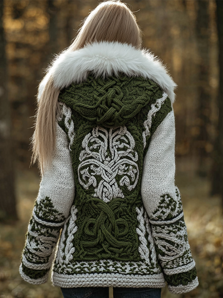 Viking Retro Style Women's Winter Warmth Knit Hooded Sweater Jacket artswardrobe