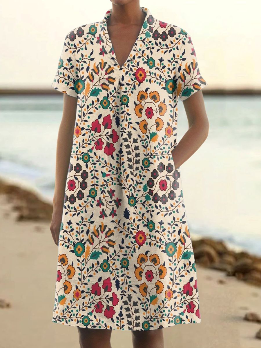 Women's Vintage Folk Art Floral Pattern Print V-Neck Linen Pocket Dres