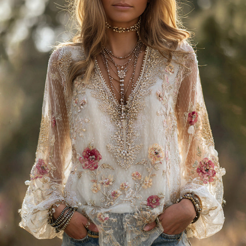 Women's Casual Retro Bohemian Embroidered Floral Print T-shirt artswardrobe