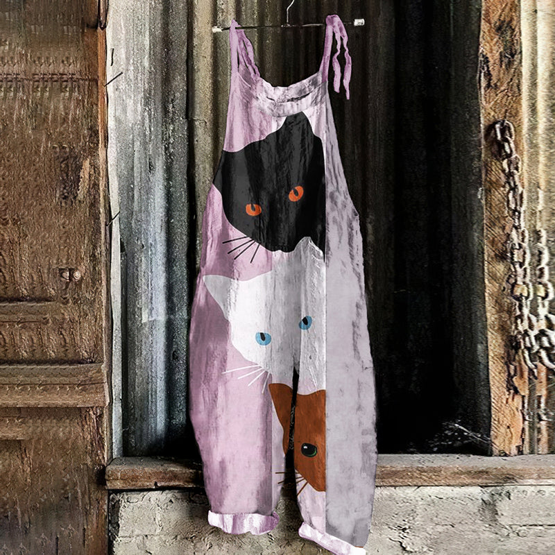 Comstylish Abstract Cat Painting Art Loose Casual Jumpsuit