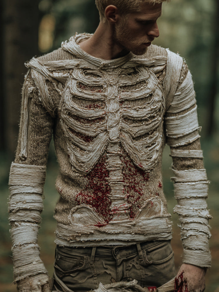 Men's Halloween Bone Blood Stain Bandage Round Neck Sweater artswardrobe