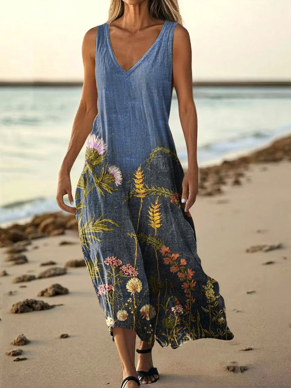 Women's Vintage Floral Art Print Pocket Cotton Dress