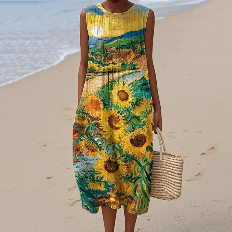 Women's Sunflower Art Print Sleeveless Casual Midi Dress artswardrobe