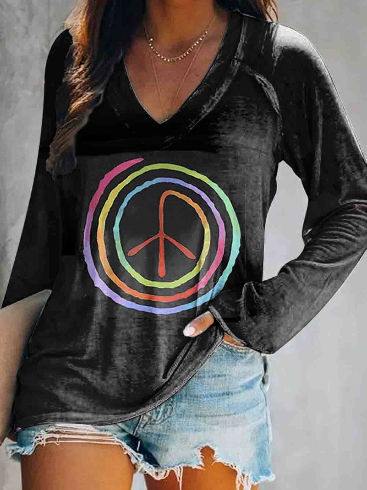Women's Hippie Art Print V-Neck Long Sleeve Top