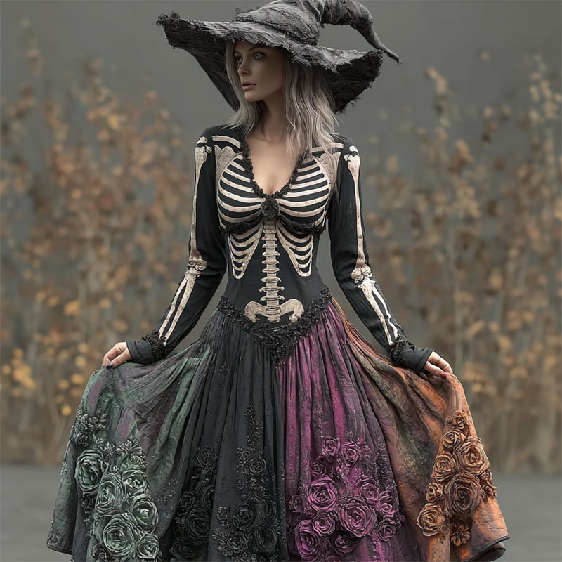 Comstylish Halloween Skeleton Roses Colorblock Wide Skirted Linen Maxi Dress