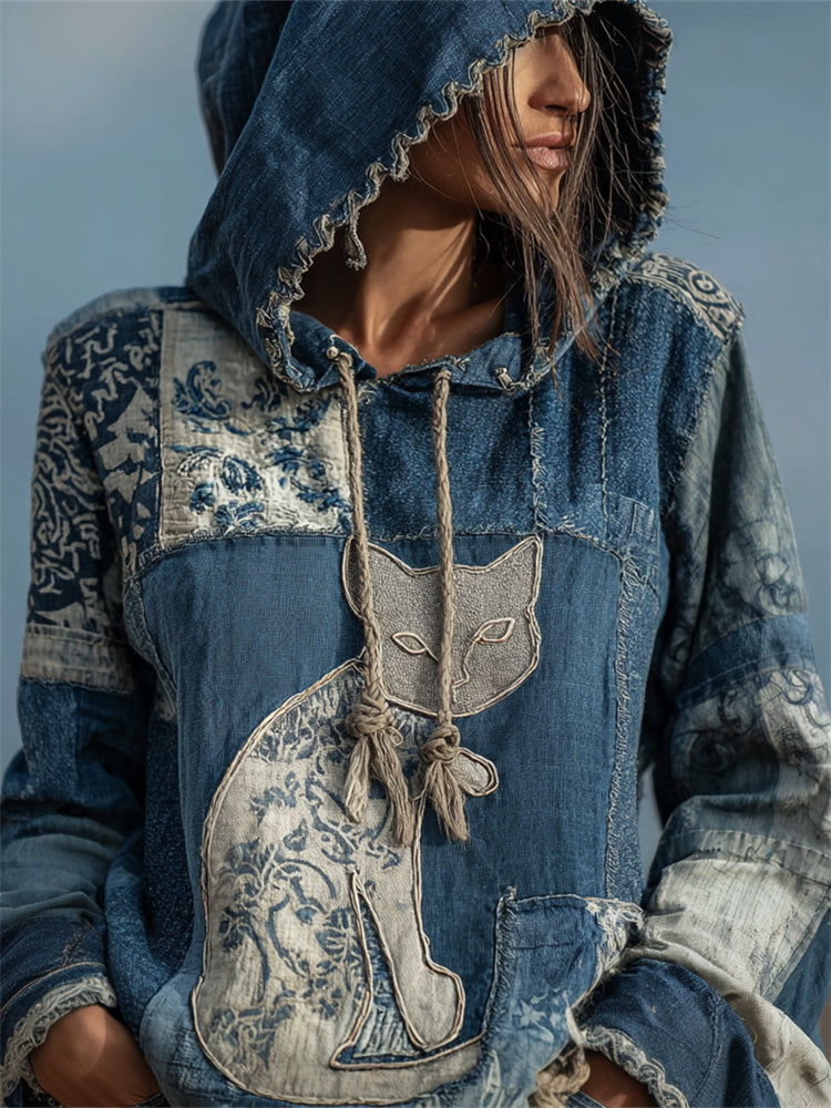 Comstylish Vintage Cat Floral Denim Fiber Art Patchwork Hoodie