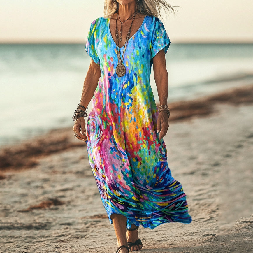 Women's Colorful Abstract Art Print V Neck Pocket Cotton Dress