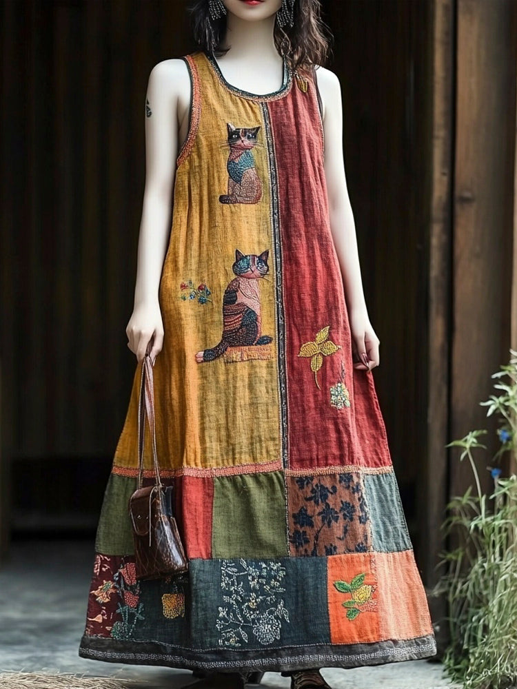 Vintage Floral & Cat Patchwork Linen Vest Long Dress elevenforest