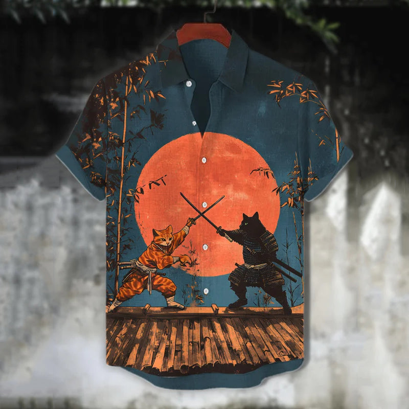 Men's Cat Warrior Blood Moon Battle Art Casual Short Sleeve Shirts elevenforest