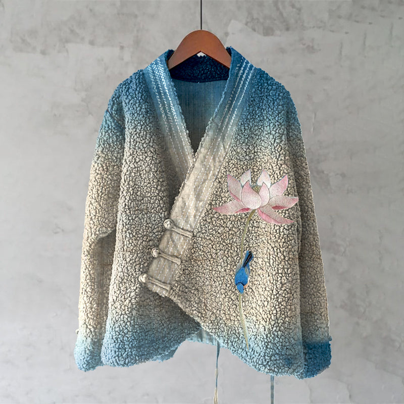 Comstylish Japanese Style Gradient Lotus And Bird Embroidery Inspired Design Kimono