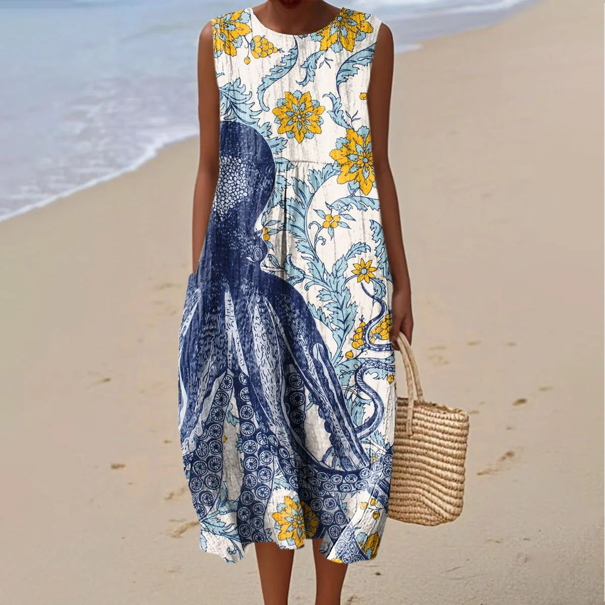 Comstylish Women's Vintage Octopus And Floral Print Cotton Casual Dress