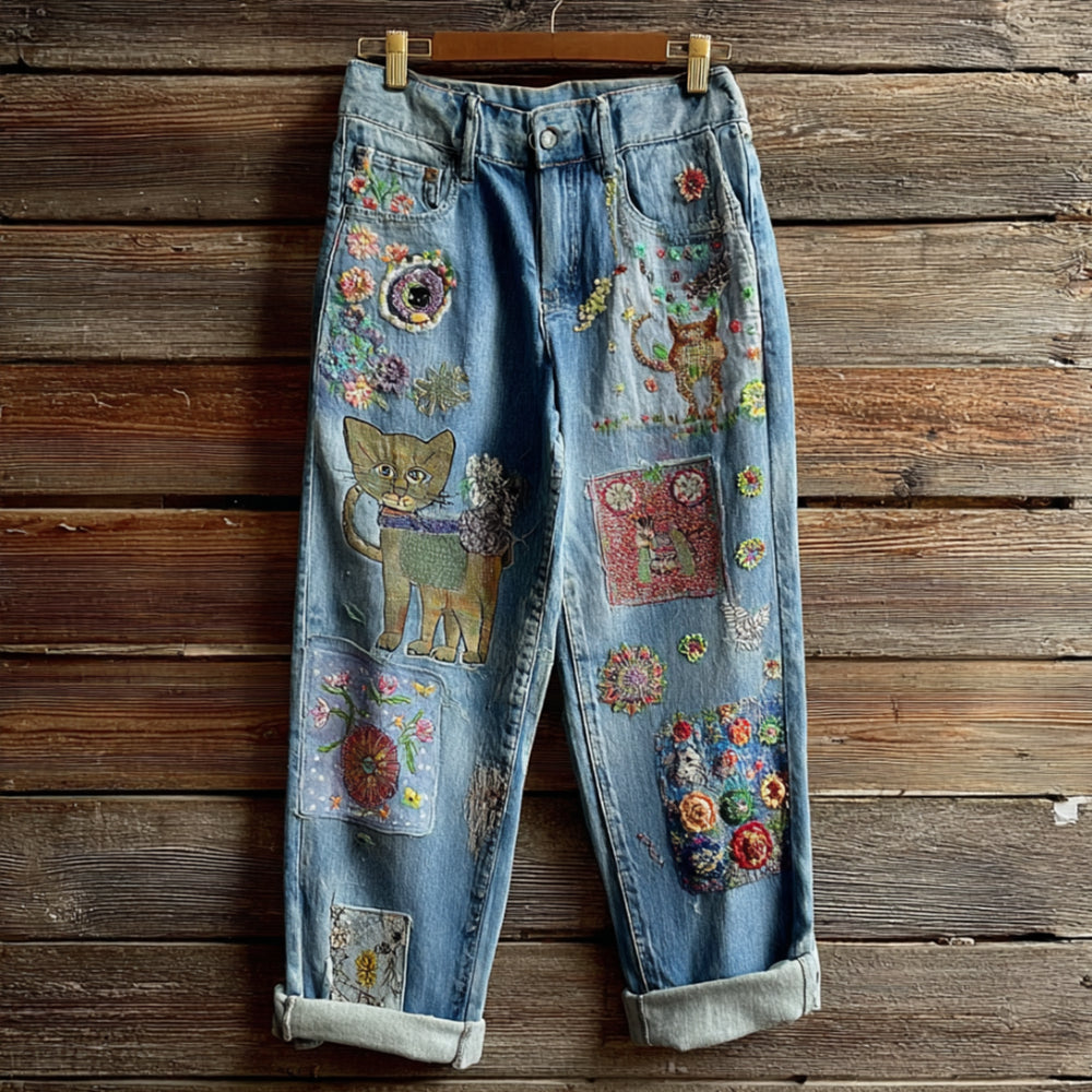 Comstylish Women's Bohemian Style Colorful Floral Cat-themed Dreamy Embroidered Jeans