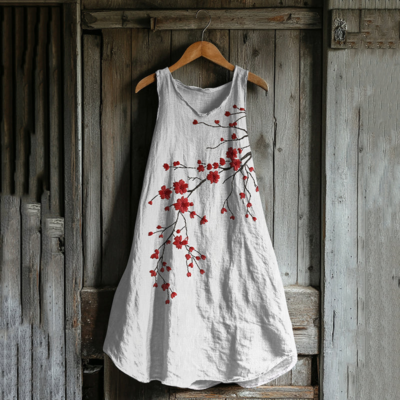 Comstylish Vintage Cherry Blossom Art Linen Tank Dress