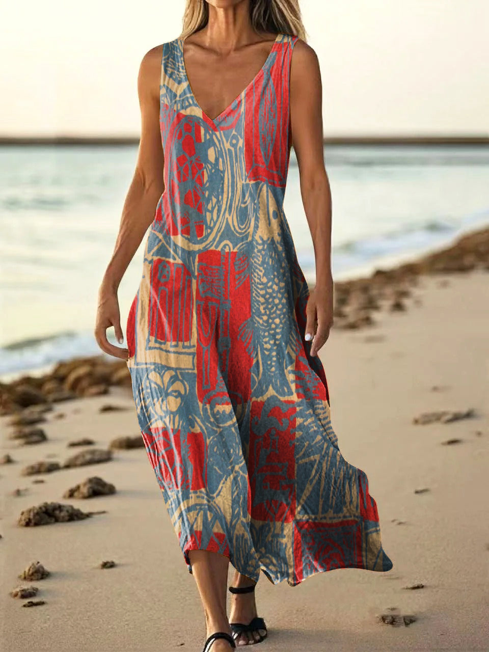 Women's Bohemian Ethnic Collage Art Pattern Print V-Neck Sleeveless Co