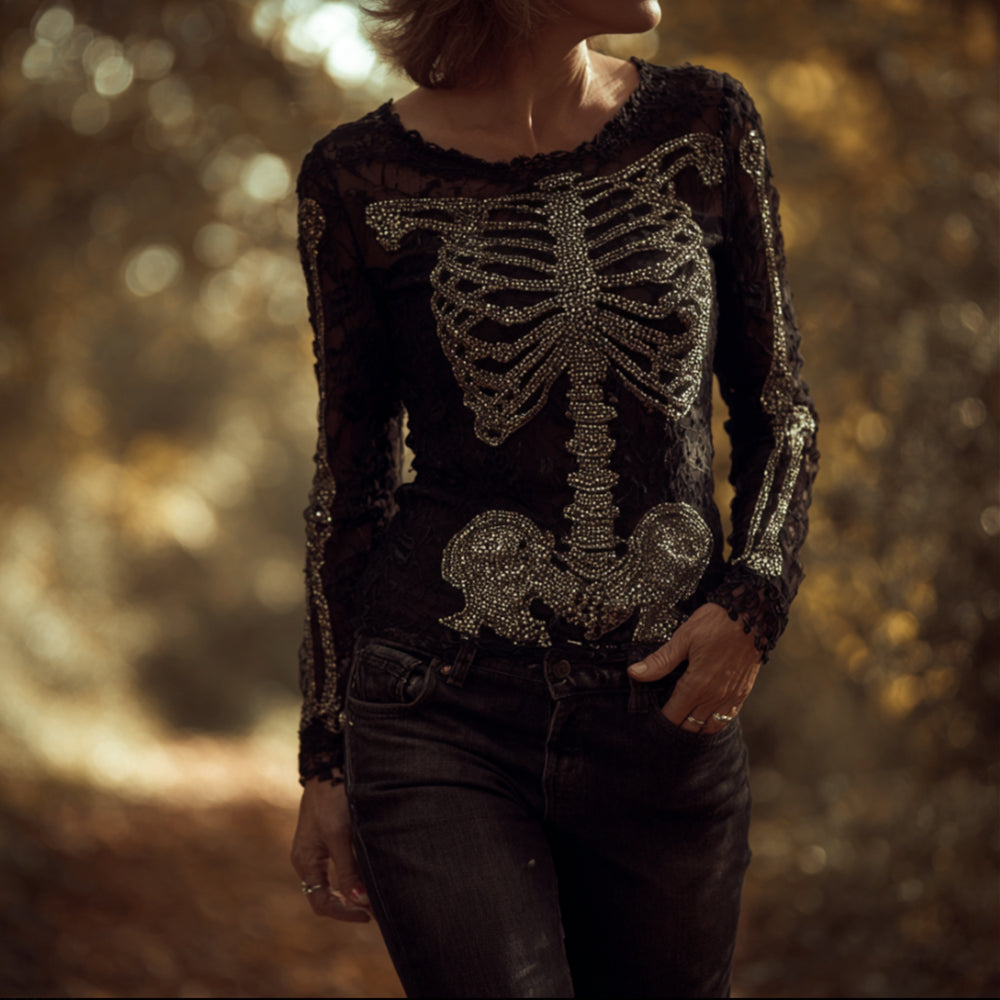 Women's Halloween Diamond Skull Lace Edge Round Neck Sweater artswardrobe