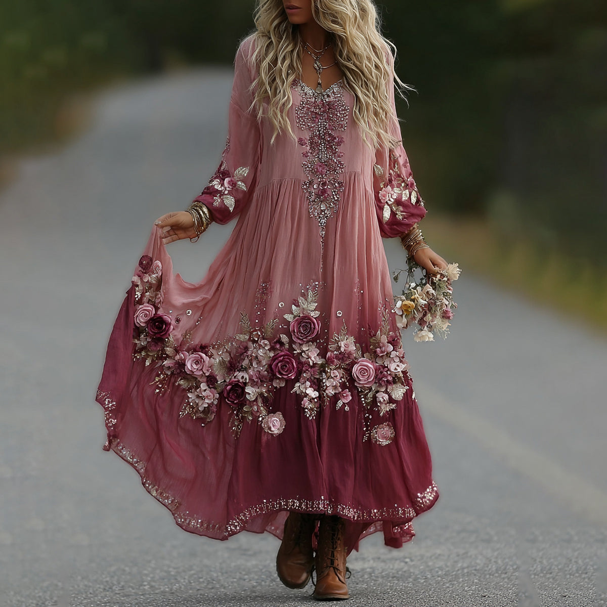 Women's Vintage Romantic Pink Rose Embroidery Art Comfy Linen V Neck Maxi Dress artswardrobe