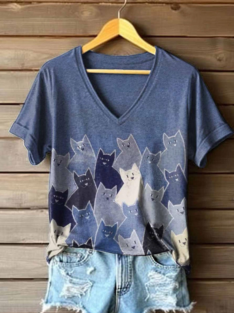 Women's Cute Cat Patchwork V-neck T-shirt elevenforest