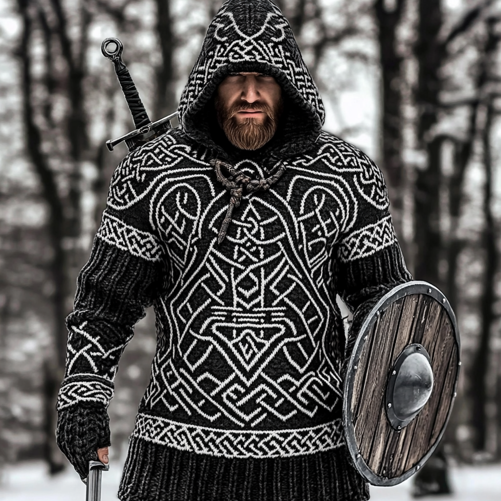 Men's Viking Tribal Jacquard Celtic Style Knitted Hooded Sweater artswardrobe