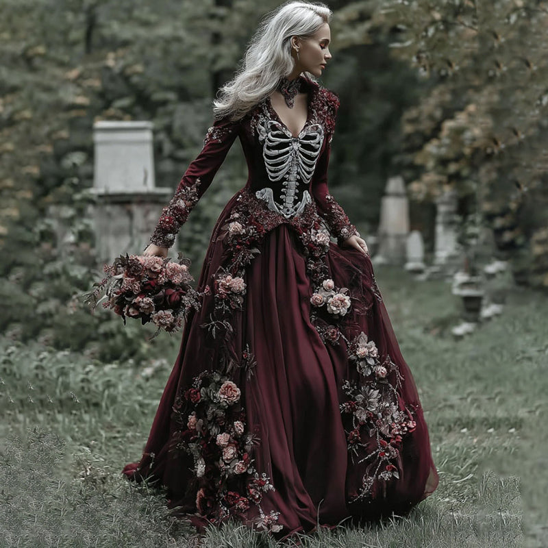 Comstylish Vintage Skeleton Red Roses Flowy Linen Maxi Dress